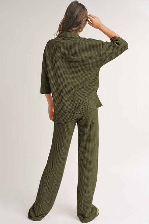 Solid Color Textured Buttoned Shirt and Casual Pants Set